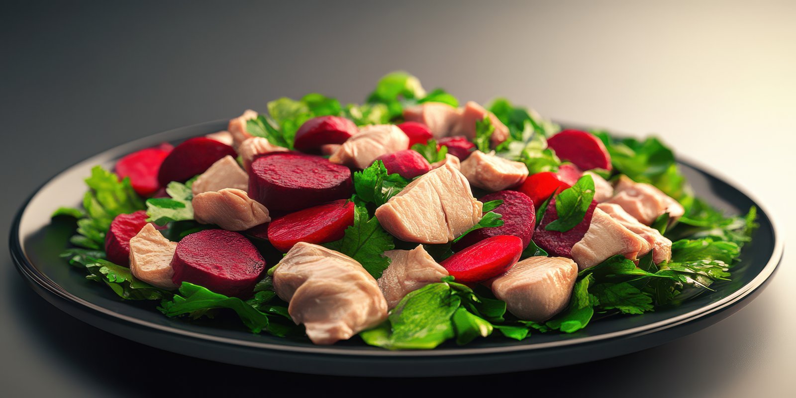 Colorful salad with chicken and beets served on a black plate for a healthy meal option